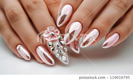Elegant metallic chrome nail art with rhinestone embellishment and floral accent. Beauty and hand care concept 119010795
