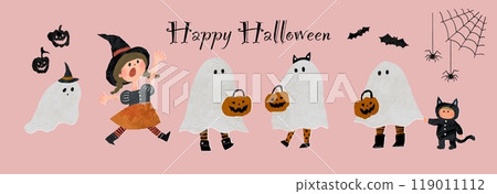 Illustration of children having fun on Halloween day - Pink Illustration of children having fun on Halloween day - Pink 119011112
