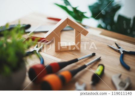 Wooden miniature house and tools DIY image Wooden miniature house and tools DIY image 119011140