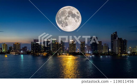 滿月、城市、海上舞台背景素材 119011456