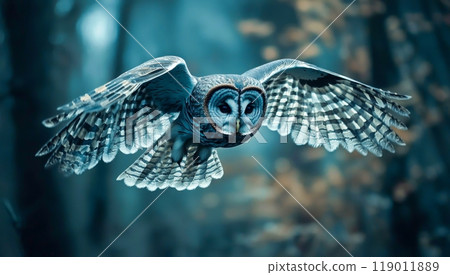 貓頭鷹在夜間森林中飛行 貓頭鷹在夜間森林中飛行 119011889