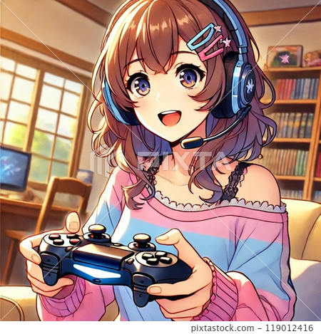 動漫風格的女孩玩電視遊戲“AI生成圖像” 119012416