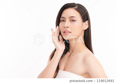 Beautiful young asian woman with clean fresh skin on white background, Face care, Facial treatment, Cosmetology, beauty and spa, Asian women portrait. 119012691