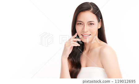 Beautiful young asian woman with clean fresh skin on white background, Face care, Facial treatment, Cosmetology, beauty and spa, Asian women portrait. 119012695