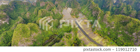 the majestic scenery on Ngo Dong river in Tam Coc Bich Dong view from drone in Ninh Binh province of Viet Nam BANNER, LONG FORMAT 119012710