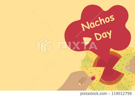 Woman and man hands dip nachos in sauce. Nachos Day banner template with inscription and copy space 119012798