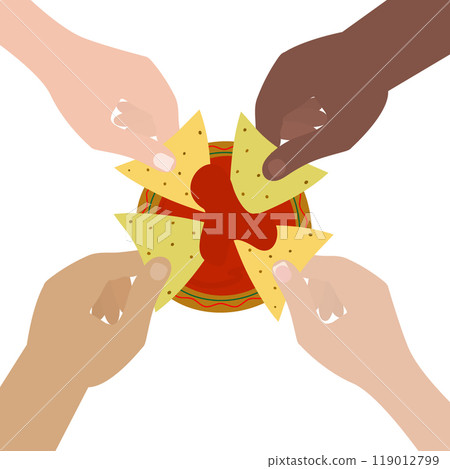 4 hands different nationalities dip corn spinach nacho in sauce. Nacho Day greeting design element 119012799