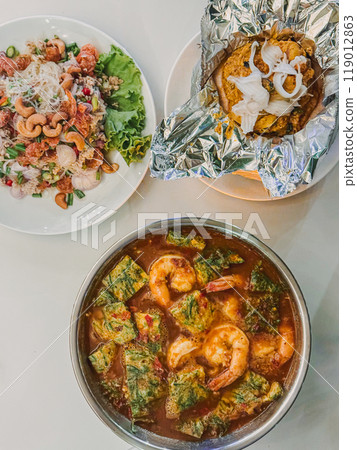 Set of Thai spicy food of Sour Soup, Spicy glass noodle, Steamed Fish Curry. 119012863