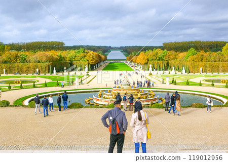 View of the west side of the gardens of the Palace of Versailles, overlooking the Latona Fountain and the Grand Canal View of the west side of the gardens of the Palace of Versailles, overlooking the Latona Fountain and the Grand Canal 119012956