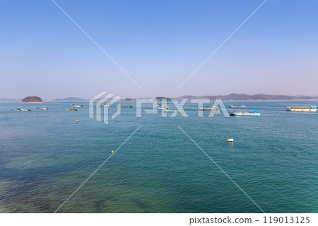 Fishing boats anchored in front of the shipyard, Ongjin-gun, Incheon, Korea 119013125