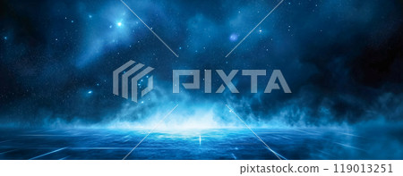 Futuristic blue illuminated foggy room 119013251