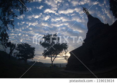 Natural background of silhouette of trees, pagoda and sky view with clouds. 119013614