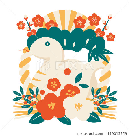 Snake year New Year's card icon, pine, bamboo and plum on top, camellia on bottom, decoration, white snake, illustration, cute, retro color Snake year New Year's card icon, pine, bamboo and plum on top, camellia on bottom, decoration, white snake, illustration, cute, retro color 119013759
