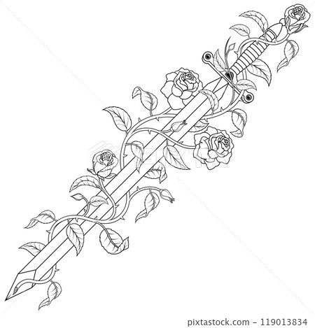 Ancient sword surrounded by rose plant 119013834