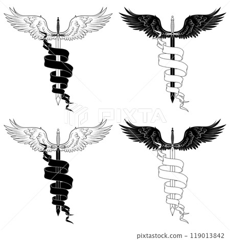 Winged medieval sword surrounded by a ribbon 119013842