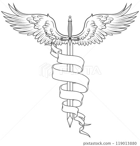 Winged medieval sword surrounded by a ribbon 119013880