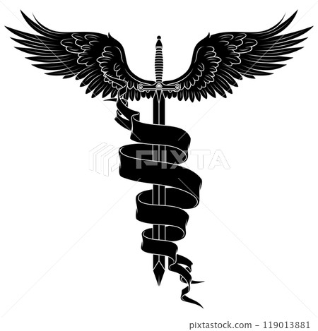 Winged medieval sword surrounded by a ribbon 119013881