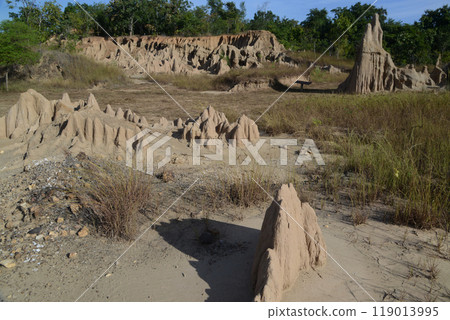 Sao Din Na Noi topography is formed from weathering and erosionare sedimentary patches that look like steep cliffs, bars, cones, recesses, and pointed peaks, emerging from the ground on an open field. 119013995