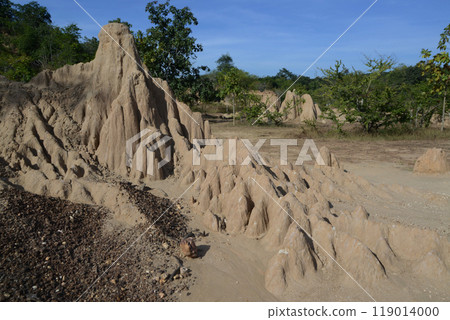 Sao Din Na Noi topography is formed from weathering and erosionare sedimentary patches that look like steep cliffs, bars, cones, recesses, and pointed peaks, emerging from the ground on an open field. 119014000
