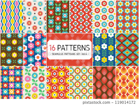 Set of 16 seamless patterns. Stylish geometric and Showa retro pop floral patterns. 119014172
