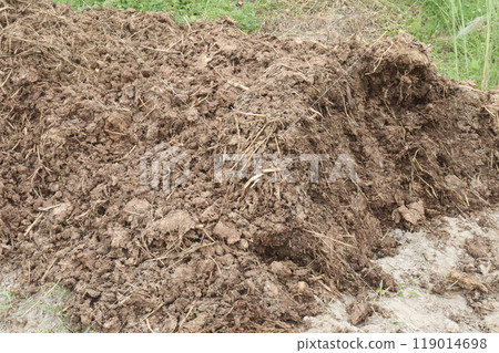 Heap of compost fertilizer on field 119014698