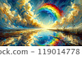 A rainbow and sky reflected on the water in an oil painting 119014778