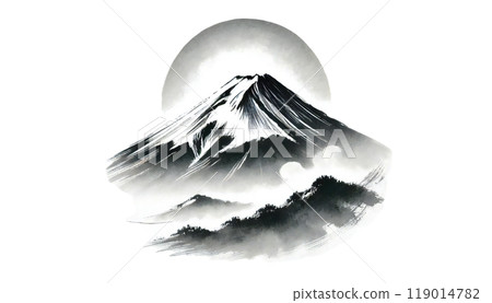 Mt. Fuji and sunrise in ink painting Mt. Fuji and sunrise in ink painting 119014782