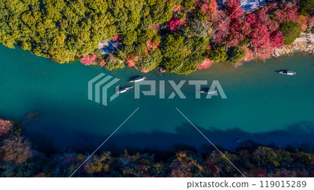 Arashiyama in autumn season along the river in Kyoto, Japan, Aerial view Arashiyama Togetsu or Togetsukyo bridge ancient architecture and boats in Katsura river, Arashiyama, Kyoto, Japan, Asia. Arashiyama in autumn season along the river in Kyoto, Japan, Aerial view Arashiyama Togetsu or Togetsukyo bridge ancient architecture and boats in Katsura river, Arashiyama, Kyoto, Japan, Asia. 119015289