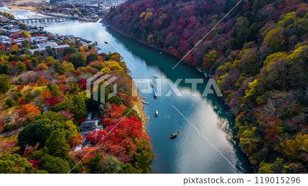 Arashiyama in autumn season along the river in Kyoto, Japan, Aerial view Arashiyama Togetsu or Togetsukyo bridge ancient architecture and boats in Katsura river, Arashiyama, Kyoto, Japan, Asia. Arashiyama in autumn season along the river in Kyoto, Japan, Aerial view Arashiyama Togetsu or Togetsukyo bridge ancient architecture and boats in Katsura river, Arashiyama, Kyoto, Japan, Asia. 119015296