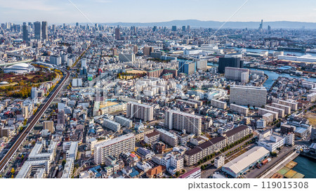 Aerial view highway and overpass Osaka City, Junctions of city highway vehicles drive on roads Osaka City, Japan, Highway interchange, Expressway important infrastructure, Osaka City, Japan. 119015308