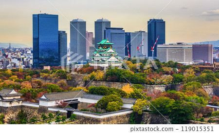 Osaka Castle beautiful attraction ancient architecture landmark, Osaka Castle in autumn, Landscape view osaka castle museum, Osaka City, Kansai, Japan. Osaka Castle beautiful attraction ancient architecture landmark, Osaka Castle in autumn, Landscape view osaka castle museum, Osaka City, Kansai, Japan. 119015351