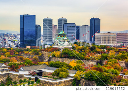 Osaka Castle beautiful attraction ancient architecture landmark, Osaka Castle in autumn, Landscape view osaka castle museum, Osaka City, Kansai, Japan. 119015352