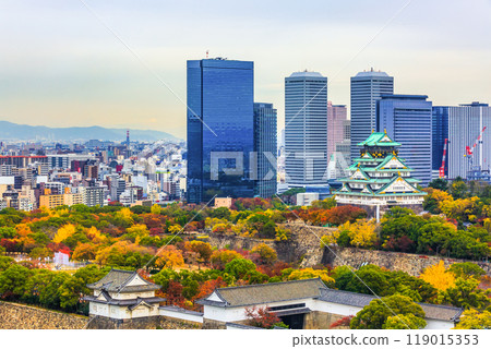 Osaka Castle beautiful attraction ancient architecture landmark, Osaka Castle in autumn, Landscape view osaka castle museum, Osaka City, Kansai, Japan. Osaka Castle beautiful attraction ancient architecture landmark, Osaka Castle in autumn, Landscape view osaka castle museum, Osaka City, Kansai, Japan. 119015353