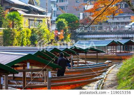 Boat ride pier at Hozugawa River, boat for tourists to enjoy the autumn view along the bank of Hozu river, Arashiyama, Kyoto, Japan. Boat ride pier at Hozugawa River, boat for tourists to enjoy the autumn view along the bank of Hozu river, Arashiyama, Kyoto, Japan. 119015356