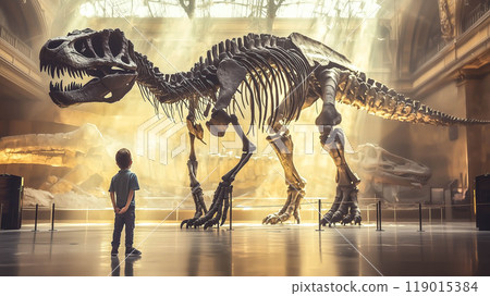 A kid boy stands in awe in front of a giant dinosaur skeleton at the museum. The concept focuses on curiosity, history, and the excitement of discovering the ancient past. Generative AI. 119015384