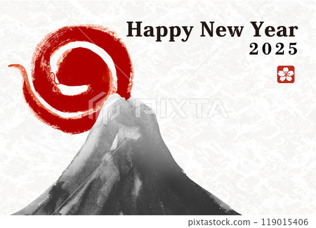 New Year's card design: 2025 Year of the Snake New Year's card template with hand-drawn Japanese-style brush illustration of snake and Mt. Fuji New Year's card design: 2025 Year of the Snake New Year's card template with hand-drawn Japanese-style brush illustration of snake and Mt. Fuji 119015406