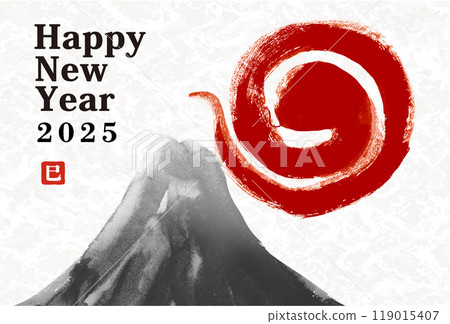 New Year's card design: 2025 Year of the Snake New Year's card template with hand-drawn Japanese-style brush illustration of snake and Mt. Fuji New Year's card design: 2025 Year of the Snake New Year's card template with hand-drawn Japanese-style brush illustration of snake and Mt. Fuji 119015407