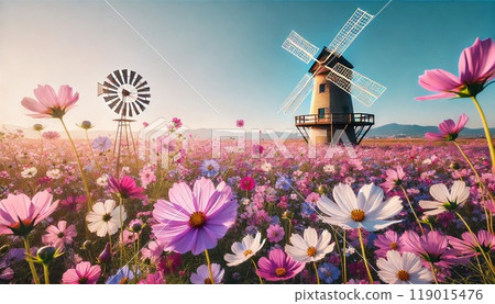 Cosmos field and windmill 119015476
