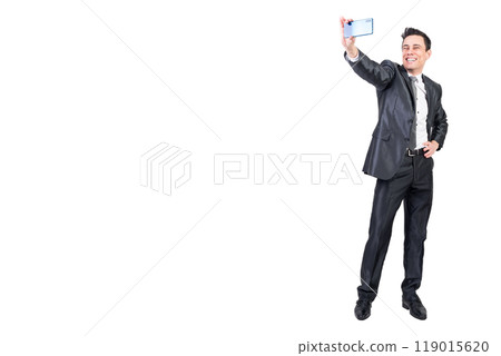 Positive businessman taking selfie on white background 119015620