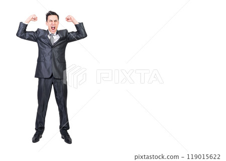 Funny businessman showing power and screaming. White background. 119015622