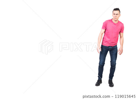 Suspicious man frowning and looking away. White background 119015645
