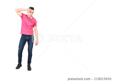Man suffering from hot day. White background Man suffering from hot day. White background 119015650
