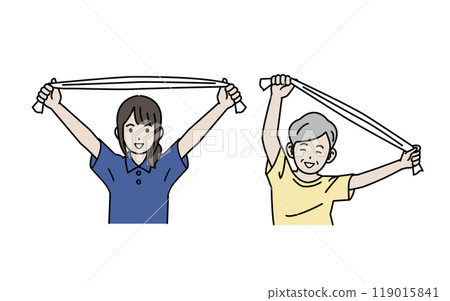 Illustration of a caregiver stretching with an elderly person 119015841