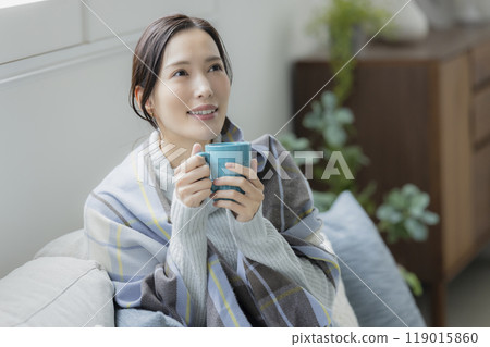 Woman in the living room in winter 119015860