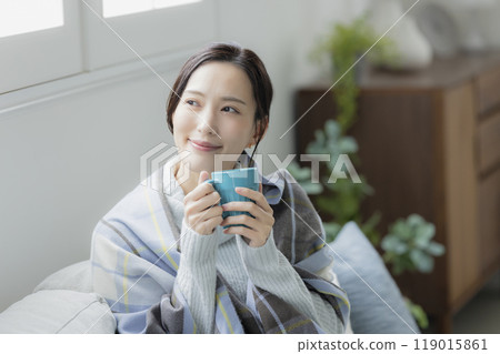 Woman in the living room in winter 119015861