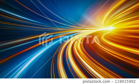 藍色和橙色光抽象發光絲帶，PPT背景素材 119015992