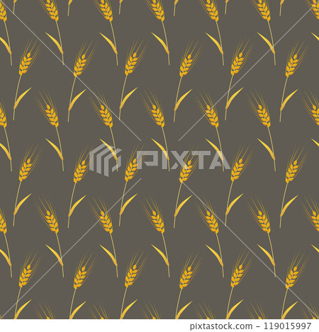 Seamless pattern with golden wheat field ornament on dark brown background 119015997
