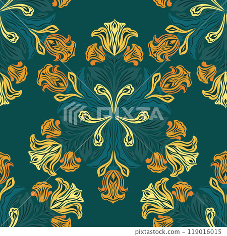Vector decorative art nouveau seamless pattern with mandalas of irises and freesias on green background. Ornamental texture with blooming flowers 119016015