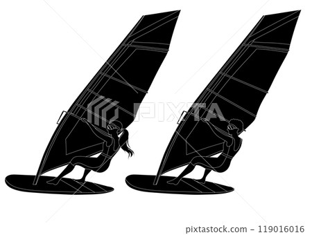 Vector set of monochrome illustration windsurfing. Collection with black silhouettes of women surfers isolated from background. 119016016