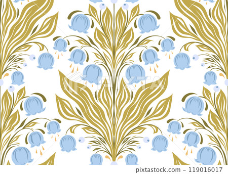 Vector ornamental pattern with blue lilies of the valley. Texture with tracery floral arrangement on white background. Decorative surface design Vector ornamental pattern with blue lilies of the valley. Texture with tracery floral arrangement on white background. Decorative surface design 119016017